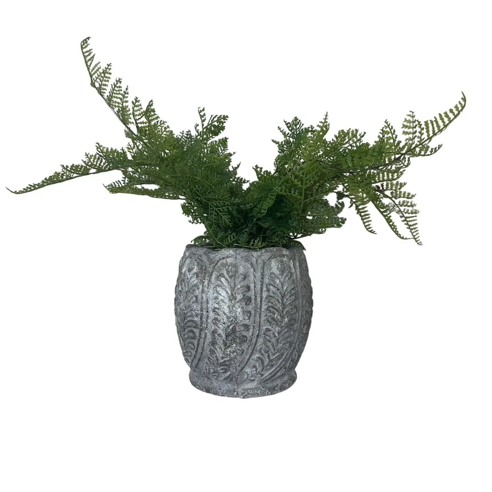 Artificial Fern Plant in‎ Grey Embossed Rustic Stone Pot Home Decor 13in